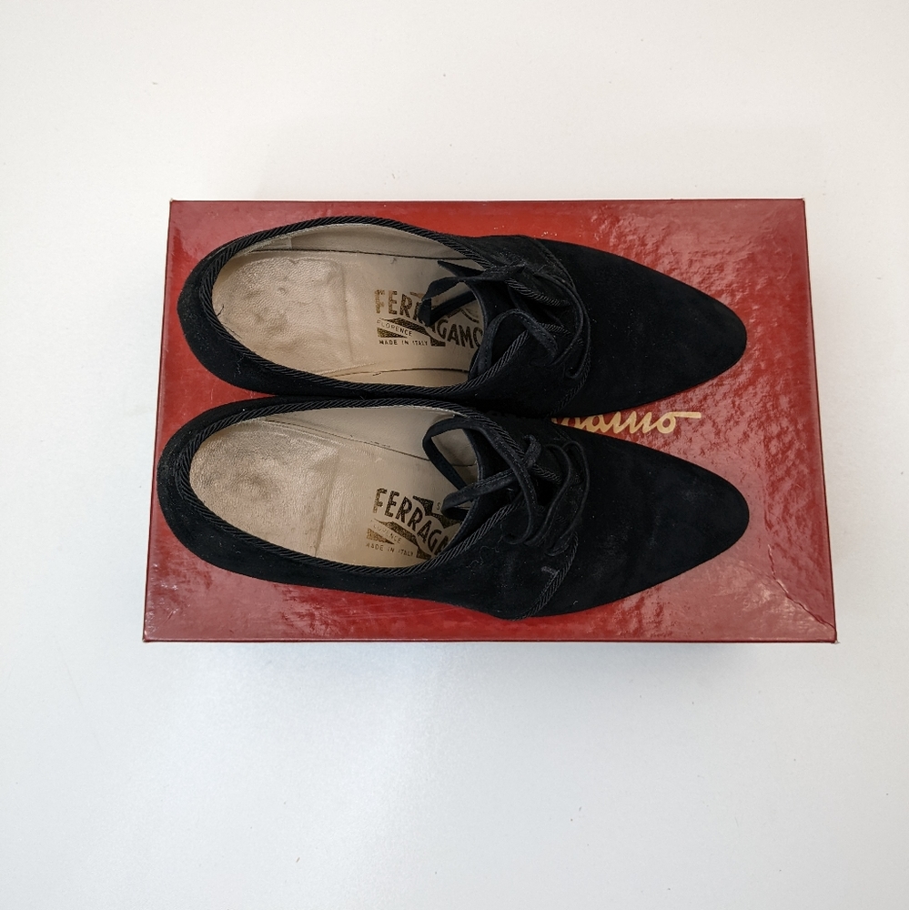 Salvatore Ferragamo Black Velvet Leather Laced Pumps